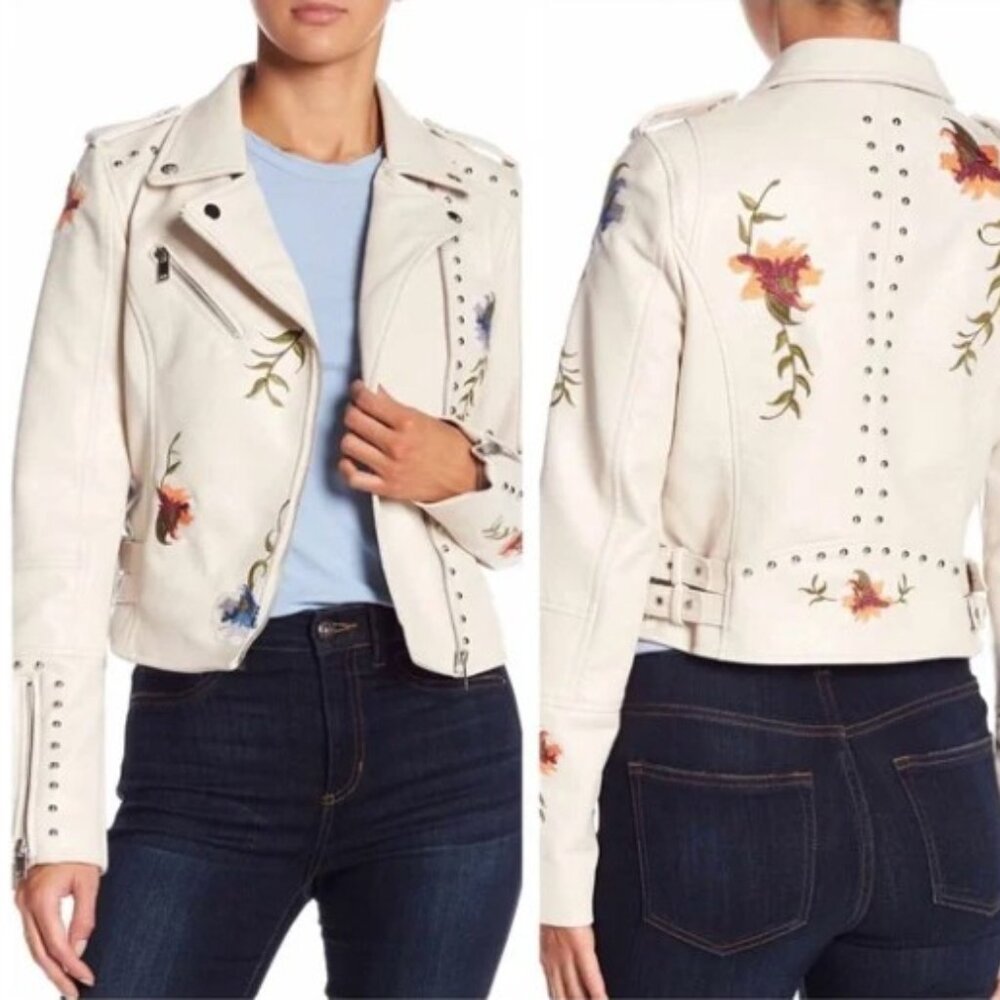 Romeo & Juliet Couture Ivory Cream Studded Embroidered Faux Leather Moto Jacket